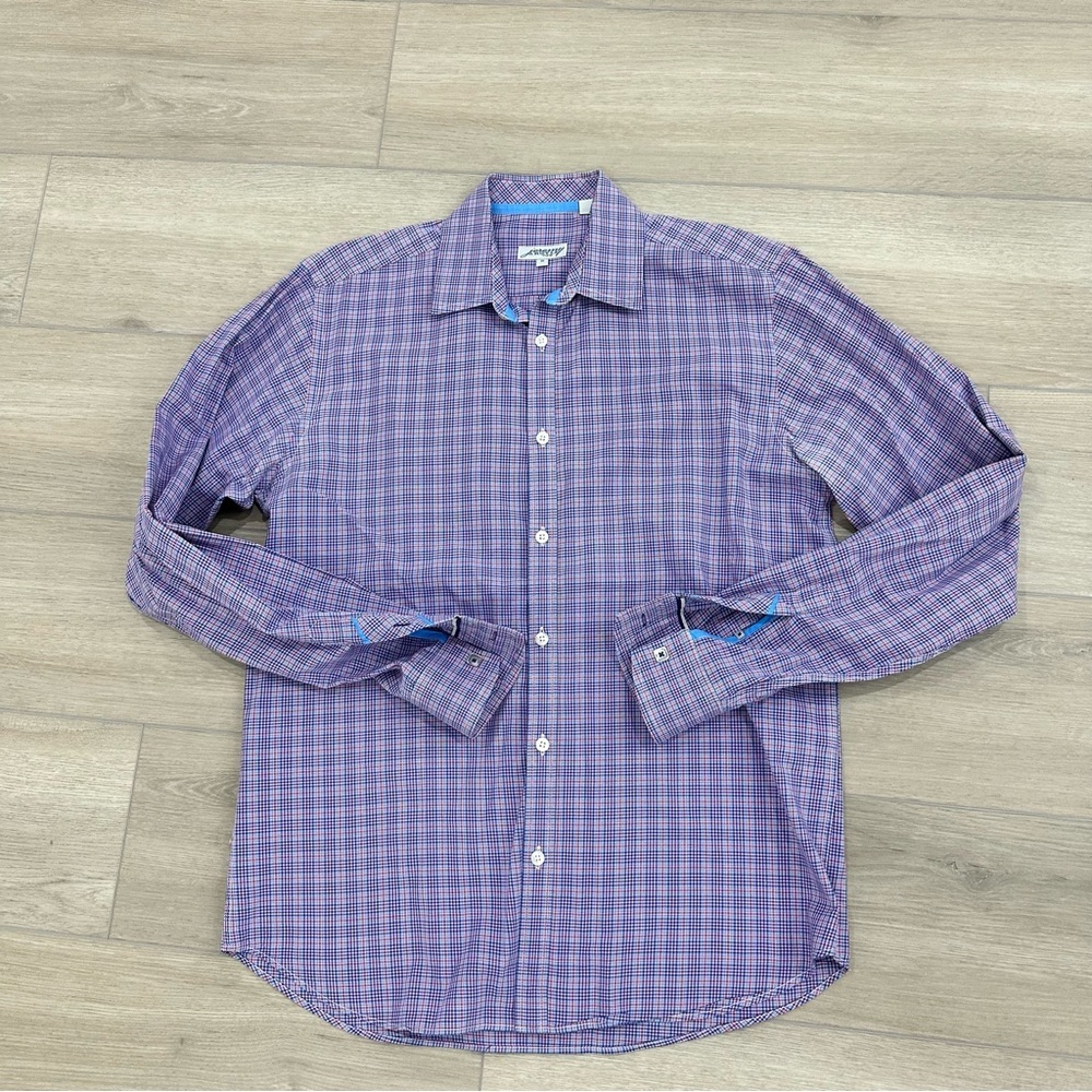 Jeremy Argyle NYC men’s collared button down shirt purple pink plaid medium